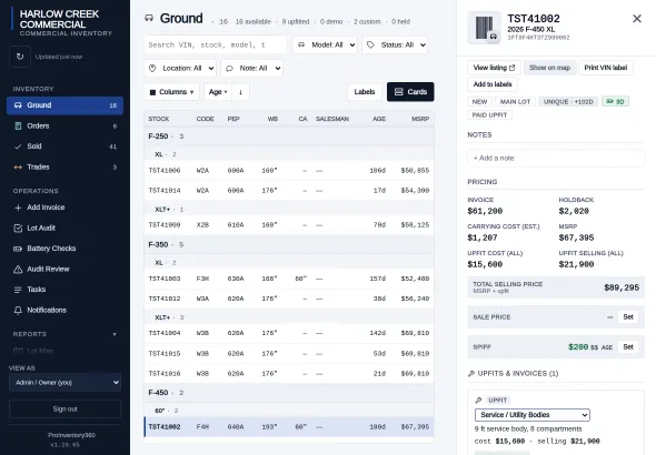 The Ground list on an iPad, grouped by model and trim, with one vehicle's record open beside it showing invoice, holdback, carrying cost, MSRP and upfit totals. Example data.