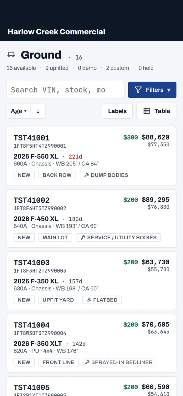 The Ground list on an iPhone: one card per vehicle with its stock number, VIN, price, age and location. Example data.