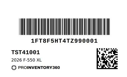 A VIN label from a printed sheet: a Code 39 barcode of the VIN, the VIN in text, the stock number, the year, model and trim, the logo and a Data Matrix code. Example data.
